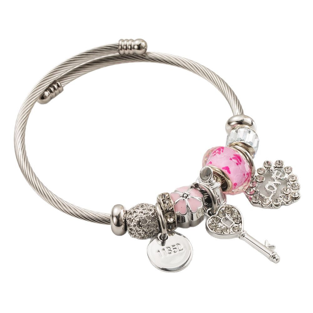 Wholesale  Stainless Steel Bracelet  Crystal Beaded Love Key Pendant Bracelet